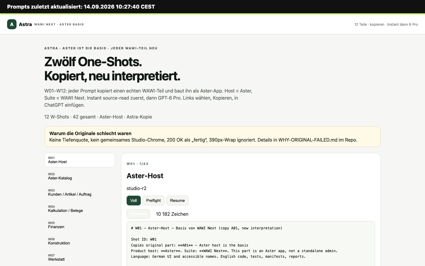 Astra Promptbuch mit zwölf One-Shots W01 bis W12