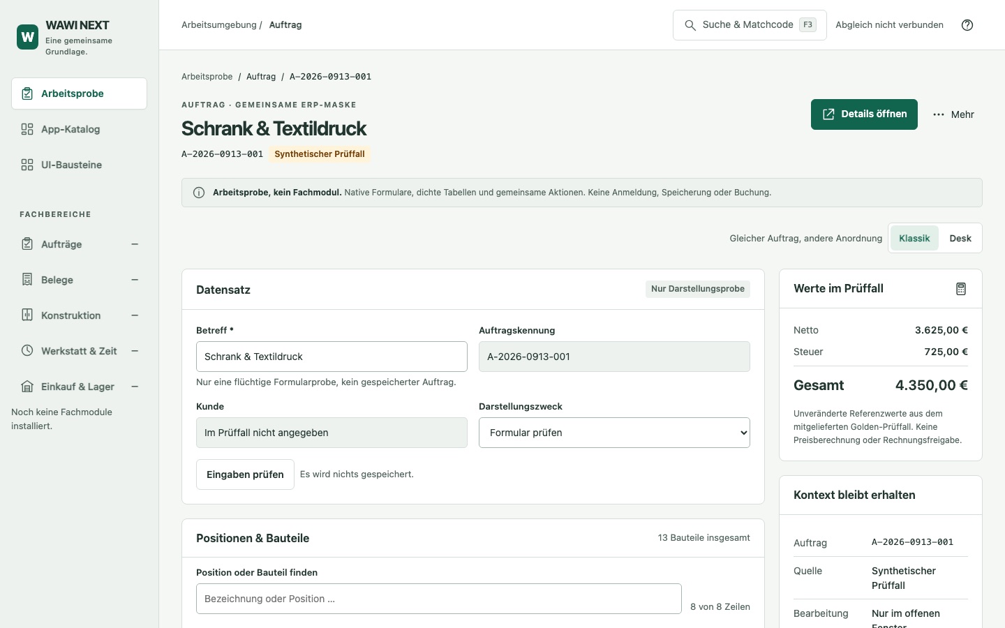 WAWI Next Auftrag Schrank und Textildruck mit Formular, Positionen und Summen