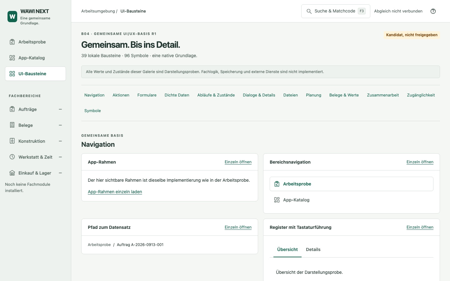 Galerie der gemeinsamen UI-Bausteine Navigation Formulare Tabellen