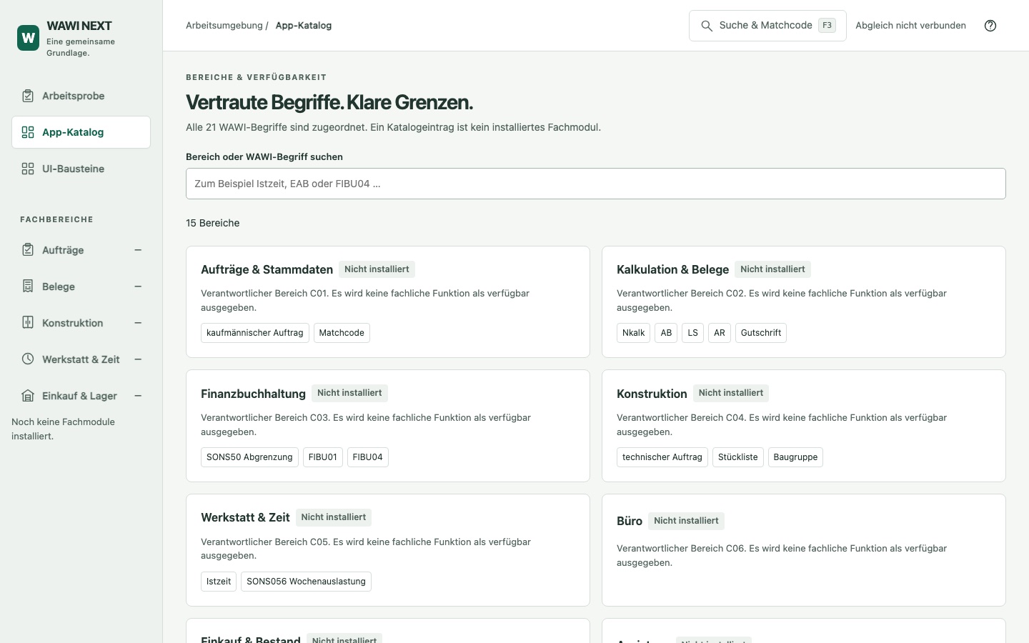 App-Katalog mit 15 Fachbereichen, die noch nicht installiert sind