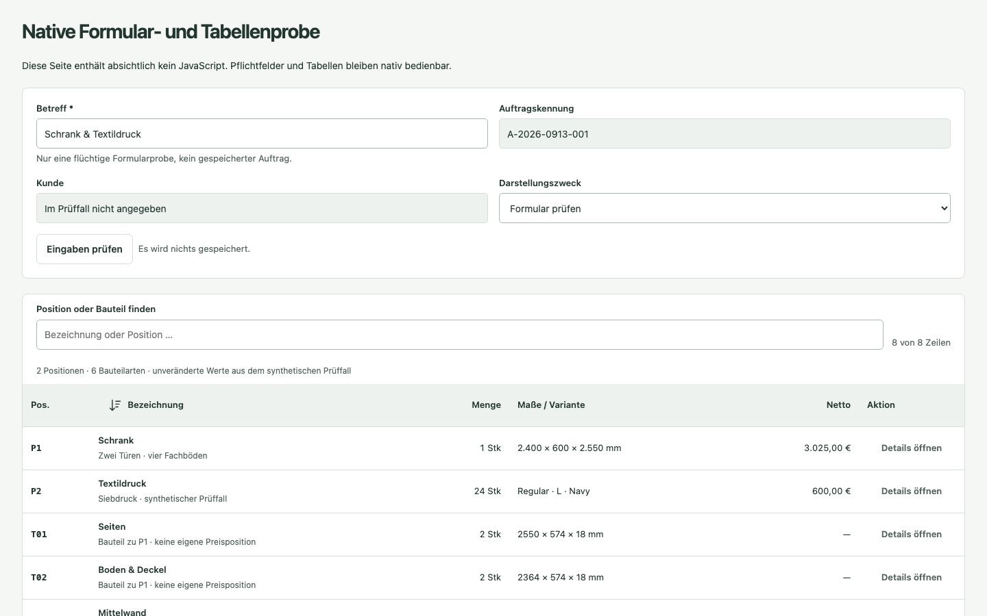 Native Formular- und Tabellenprobe ohne JavaScript mit Positionen P1 P2