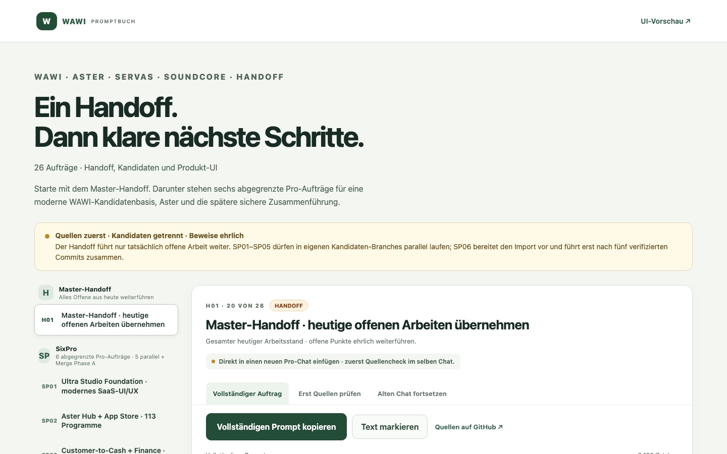 WAWI Promptbuch Handoff und SixPro Aufträge